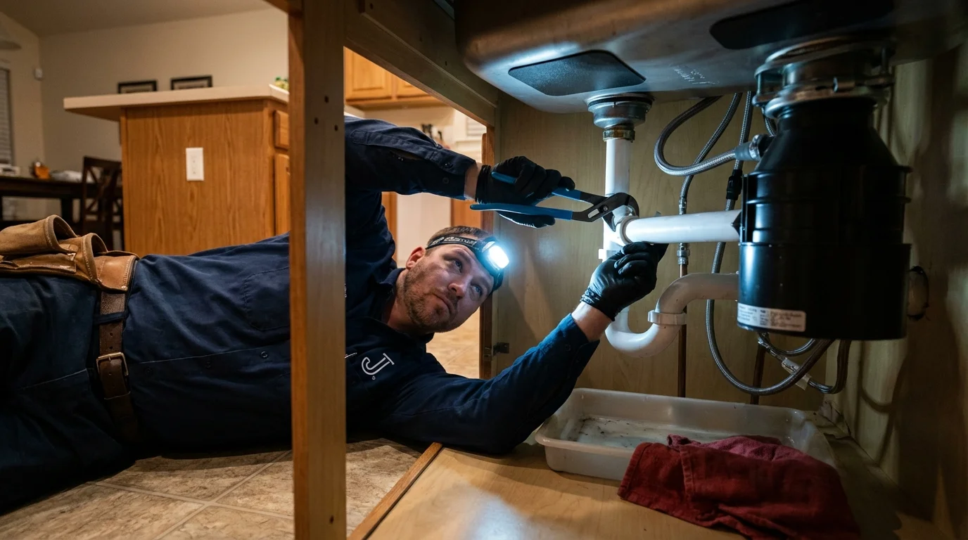 P-trap and supply line connections under a kitchen sink showing a common leak point in Beverly Hills, FL